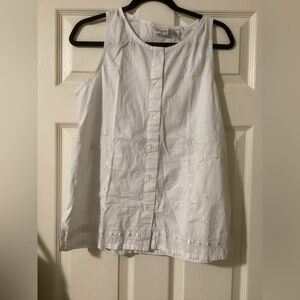 White Embroidered Button Down Sleeveless Cotton Top By Delicates